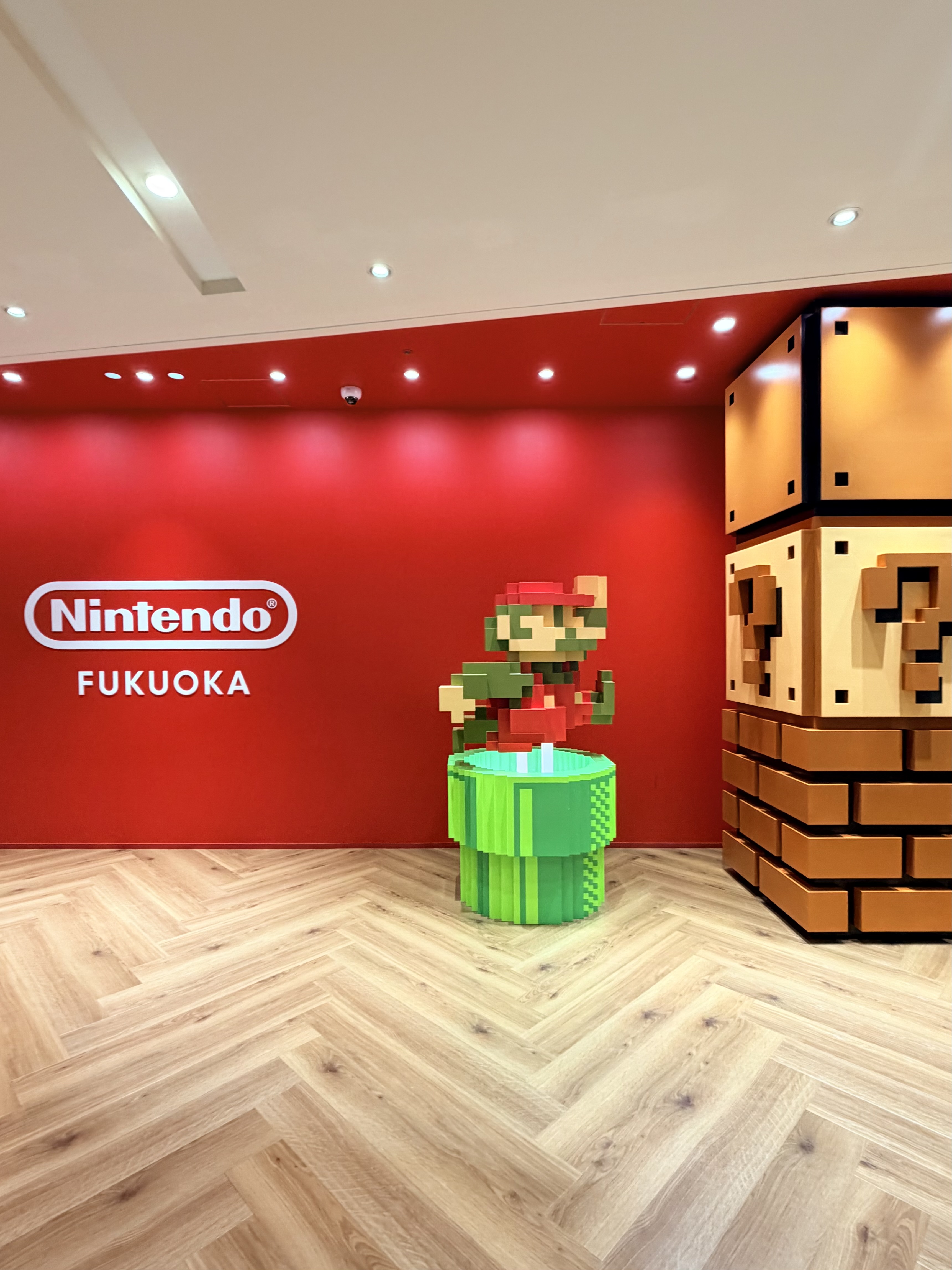 Nintendo Fukuoka entrance wall with 8-bit Mario and block tower